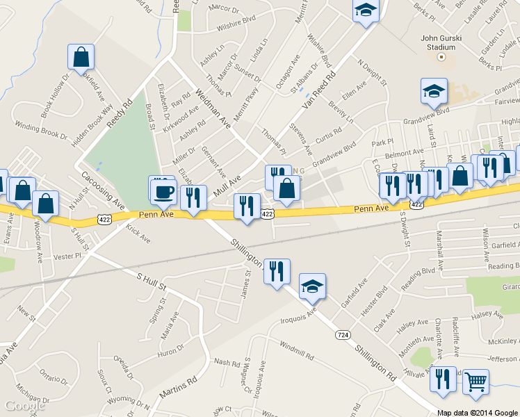 map of restaurants, bars, coffee shops, grocery stores, and more near 3517 Penn Avenue in Sinking Spring