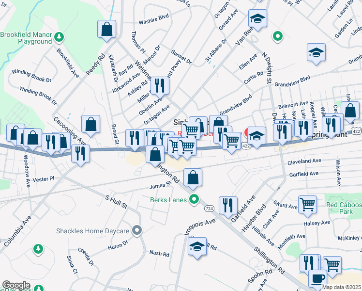 map of restaurants, bars, coffee shops, grocery stores, and more near 3517 Penn Avenue in Sinking Spring