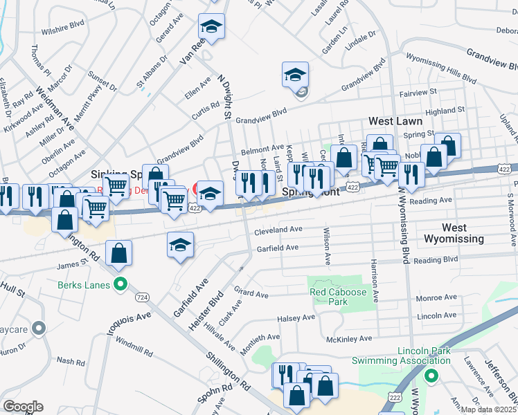 map of restaurants, bars, coffee shops, grocery stores, and more near 2909 Penn Avenue in West Lawn