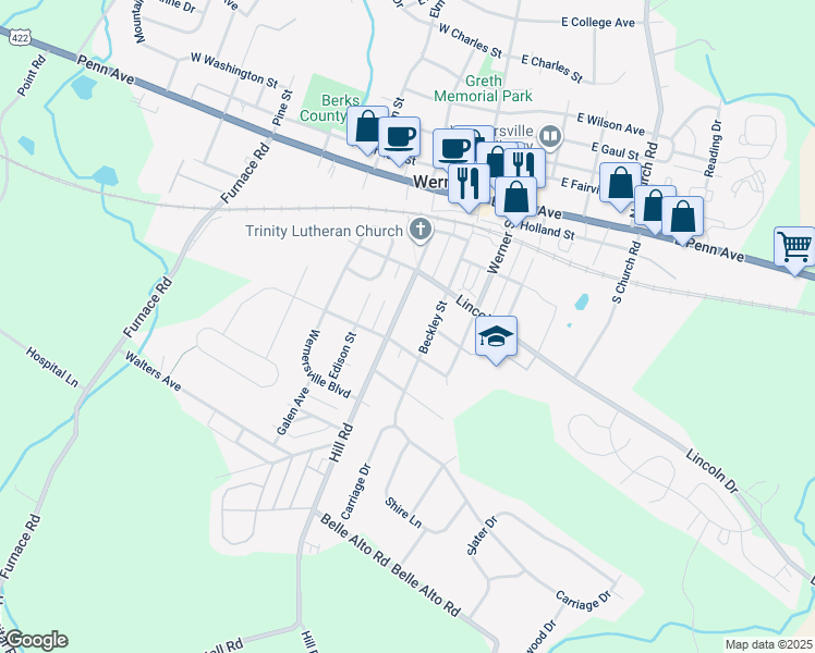 map of restaurants, bars, coffee shops, grocery stores, and more near 317 Hill Rd in Wernersville
