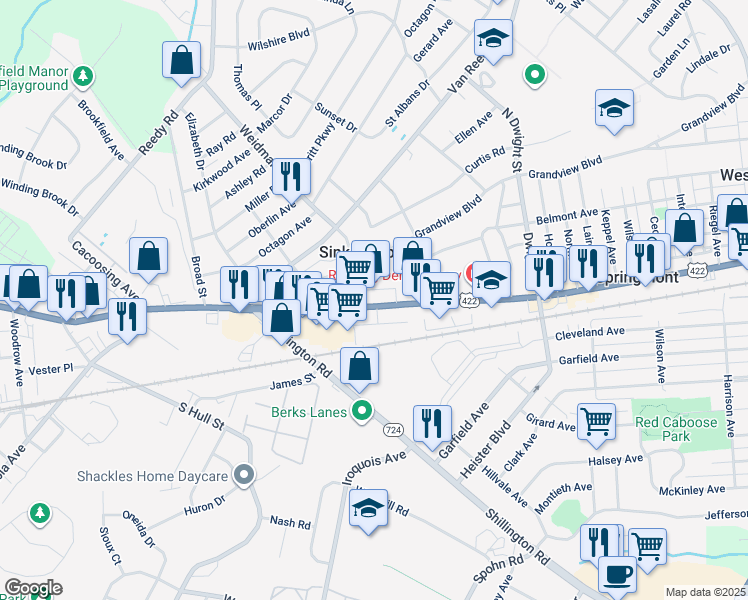 map of restaurants, bars, coffee shops, grocery stores, and more near 3443 Penn Avenue in Sinking Spring