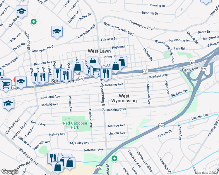 map of restaurants, bars, coffee shops, grocery stores, and more near 2258 Reading Avenue in West Lawn
