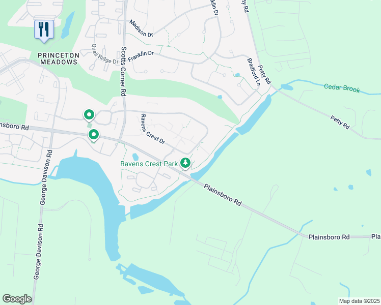 map of restaurants, bars, coffee shops, grocery stores, and more near 412 Ravens Crest Drive in Princeton Meadows
