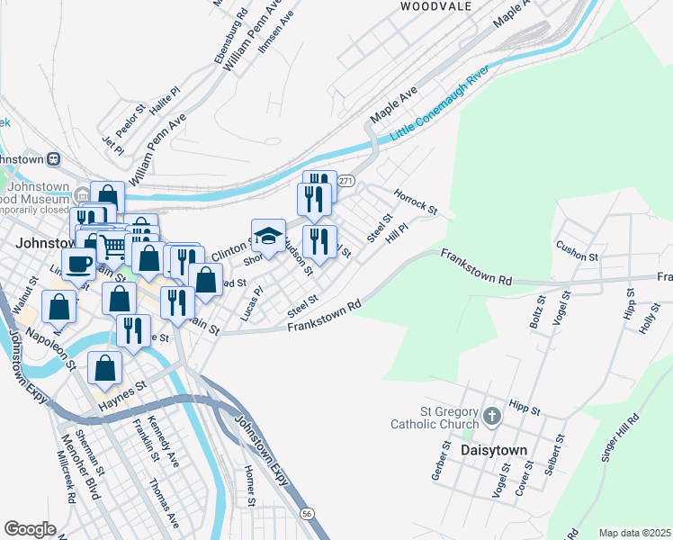 map of restaurants, bars, coffee shops, grocery stores, and more near 821 Steel Street in Johnstown