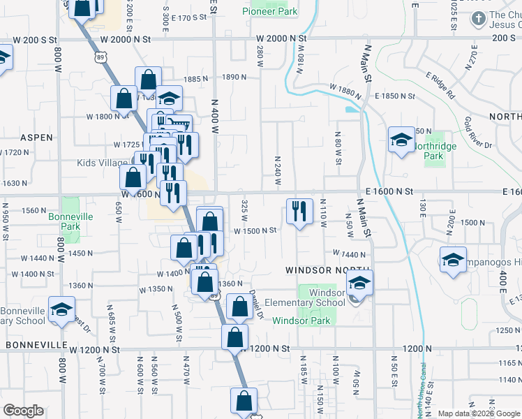 map of restaurants, bars, coffee shops, grocery stores, and more near 1566 North 275 West Street in Orem