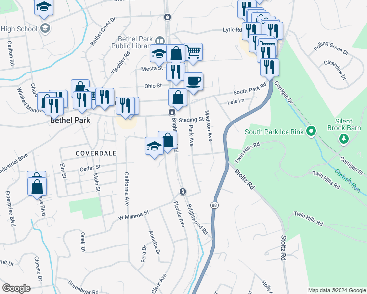 map of restaurants, bars, coffee shops, grocery stores, and more near 5347 Brightwood Road in Bethel Park