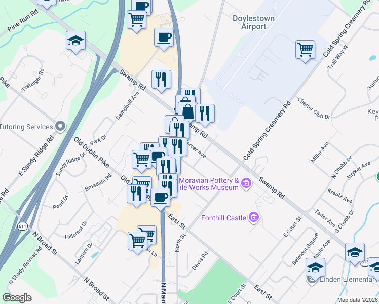 map of restaurants, bars, coffee shops, grocery stores, and more near 641 North Main Street in Doylestown