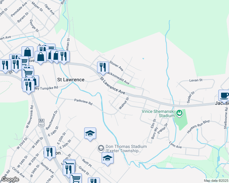 map of restaurants, bars, coffee shops, grocery stores, and more near 3519 Saint Lawrence Avenue in Reading