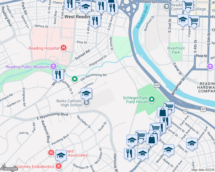 map of restaurants, bars, coffee shops, grocery stores, and more near in West Reading