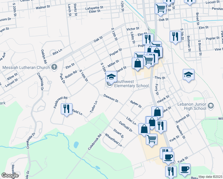 map of restaurants, bars, coffee shops, grocery stores, and more near 1500 Woodland Street in Lebanon