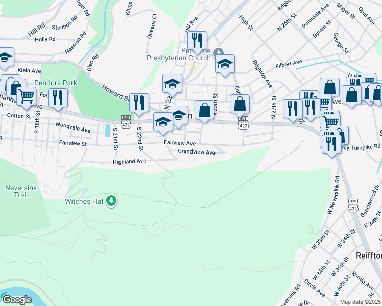 map of restaurants, bars, coffee shops, grocery stores, and more near 2412 Grandview Avenue in Mount Penn