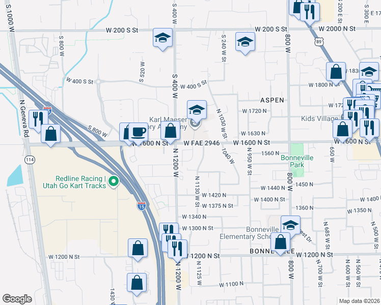 map of restaurants, bars, coffee shops, grocery stores, and more near 1565 1150 West in Orem
