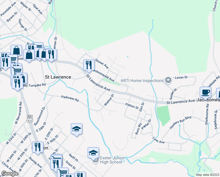 map of restaurants, bars, coffee shops, grocery stores, and more near 3551 Saint Lawrence Avenue in Reading