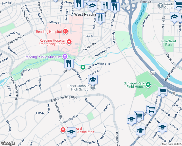 map of restaurants, bars, coffee shops, grocery stores, and more near 901 Joan Terrace in Reading