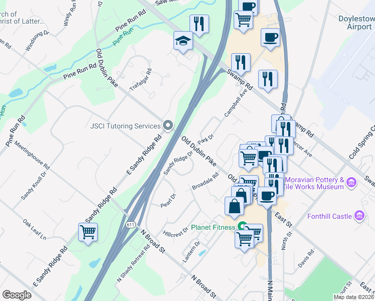 map of restaurants, bars, coffee shops, grocery stores, and more near 7 Sandy Ridge Drive in Doylestown