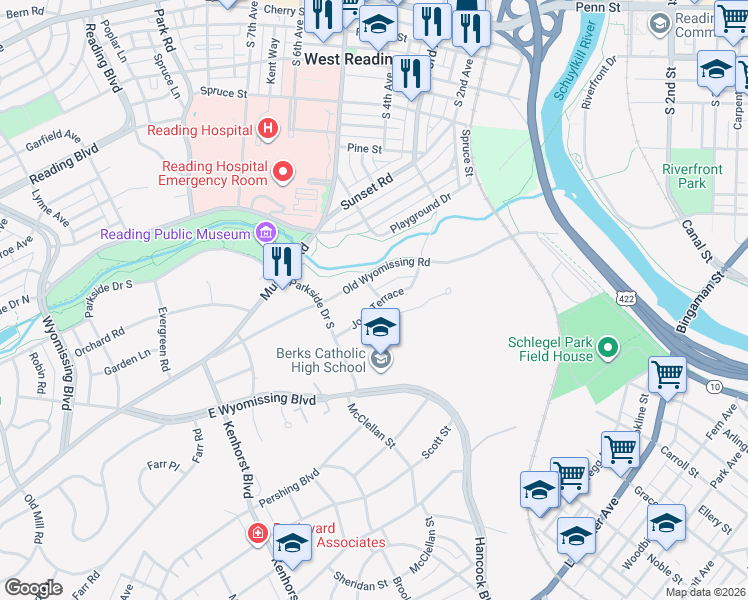 map of restaurants, bars, coffee shops, grocery stores, and more near 901 Joan Terrace in Reading