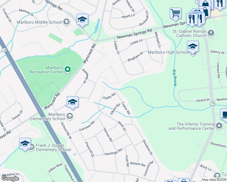 map of restaurants, bars, coffee shops, grocery stores, and more near 66 River Drive in Marlboro