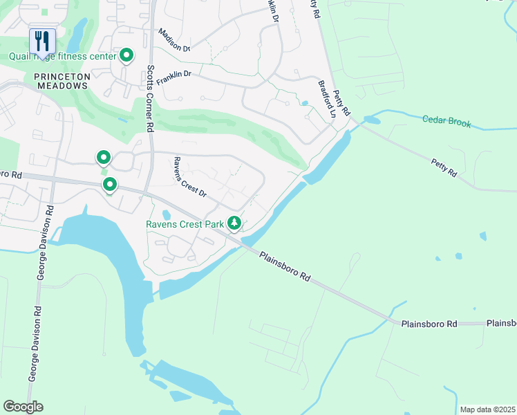 map of restaurants, bars, coffee shops, grocery stores, and more near 704 Ravens Crest Drive in Princeton Meadows