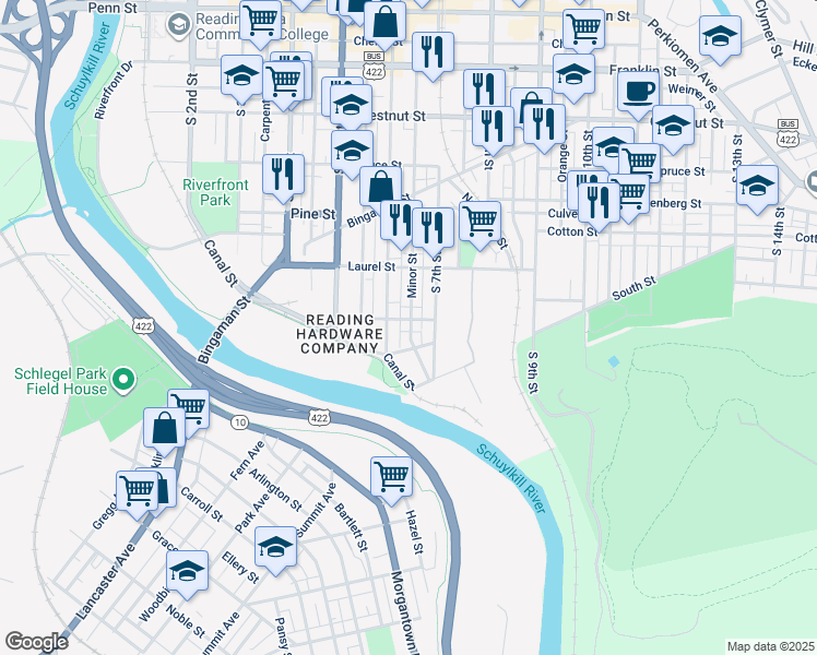 map of restaurants, bars, coffee shops, grocery stores, and more near 616 Willow Street in Reading