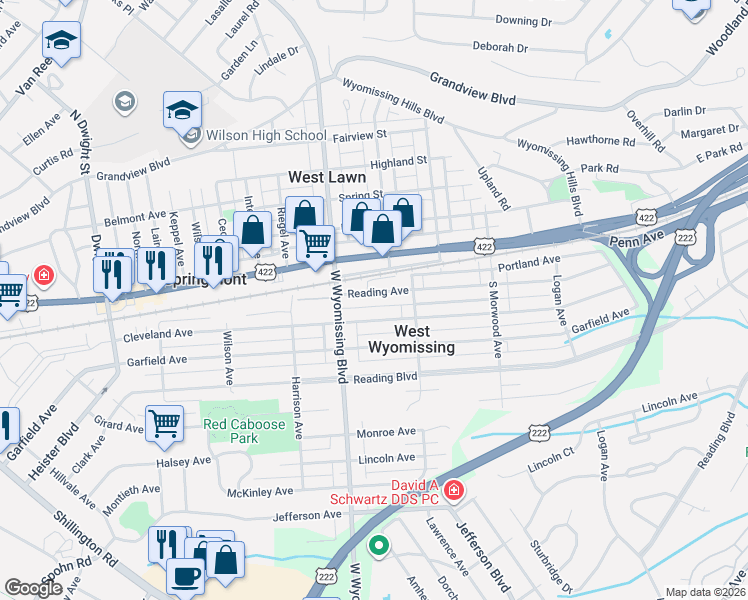 map of restaurants, bars, coffee shops, grocery stores, and more near 2262 Reading Avenue in Reading