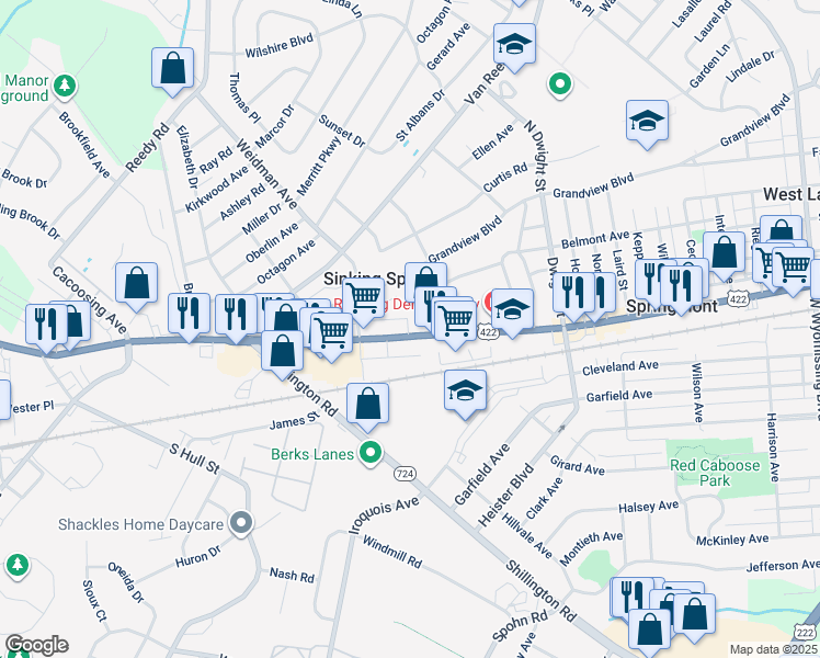map of restaurants, bars, coffee shops, grocery stores, and more near 3337 Penn Avenue in West Lawn