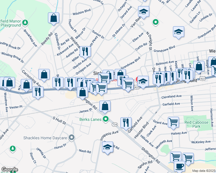 map of restaurants, bars, coffee shops, grocery stores, and more near 3443 Penn Avenue in Sinking Spring