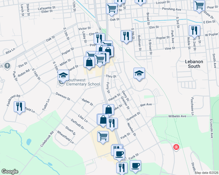map of restaurants, bars, coffee shops, grocery stores, and more near 936 Kreider Street in Lebanon