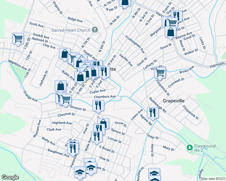 map of restaurants, bars, coffee shops, grocery stores, and more near 2 Cuyler Avenue in Jeannette