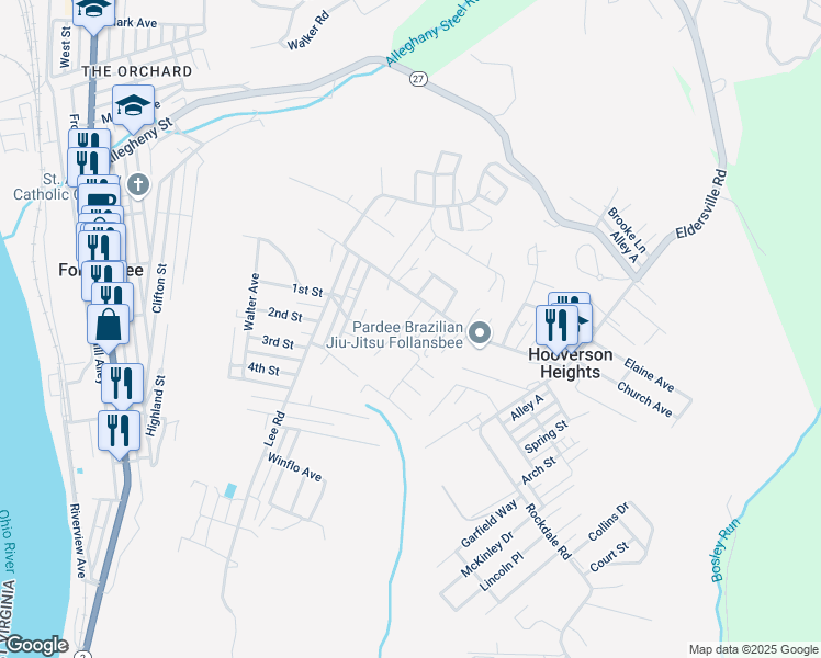 map of restaurants, bars, coffee shops, grocery stores, and more near 110 Wildwood Dr in Follansbee