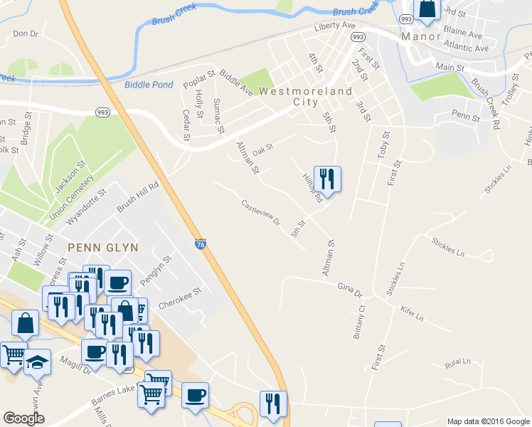 map of restaurants, bars, coffee shops, grocery stores, and more near 880 Castleview Drive in Irwin
