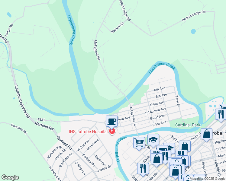 map of restaurants, bars, coffee shops, grocery stores, and more near 525 McFarland Road in Latrobe