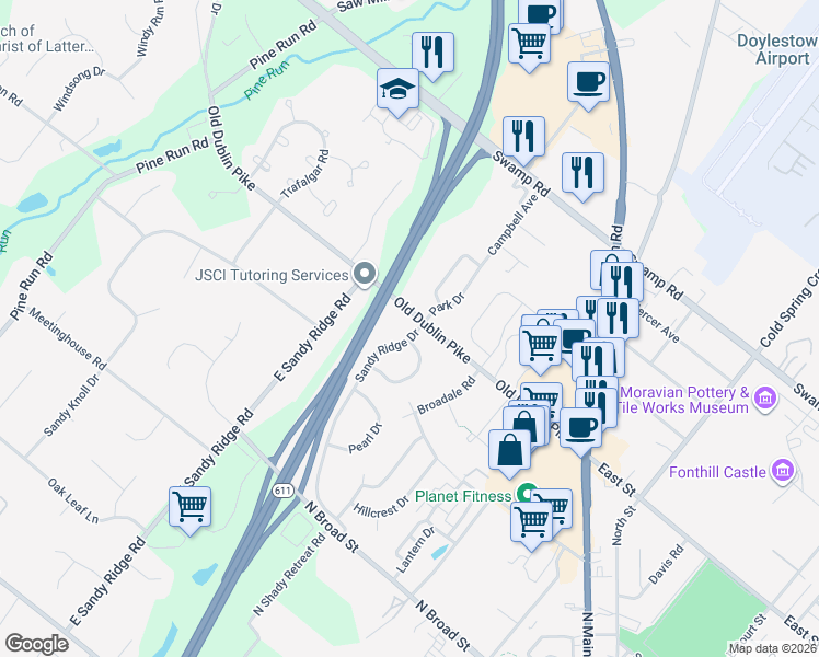 map of restaurants, bars, coffee shops, grocery stores, and more near 7 Sandy Ridge Drive in Doylestown
