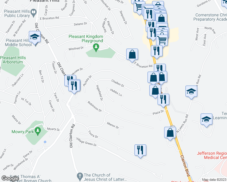 map of restaurants, bars, coffee shops, grocery stores, and more near 134 Hubbs Lane in Pittsburgh