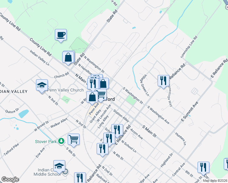 map of restaurants, bars, coffee shops, grocery stores, and more near 3 North Hamilton Street in Telford