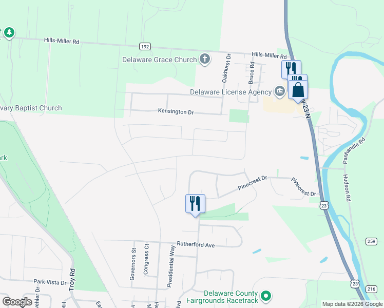 map of restaurants, bars, coffee shops, grocery stores, and more near 1859 U.S. Highway 23 North in Delaware