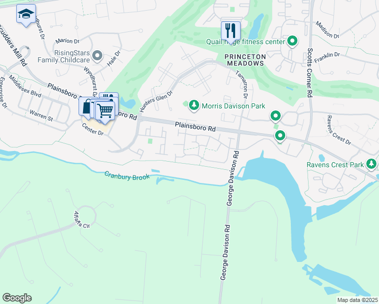 map of restaurants, bars, coffee shops, grocery stores, and more near 80 Thoreau Drive in Plainsboro Township