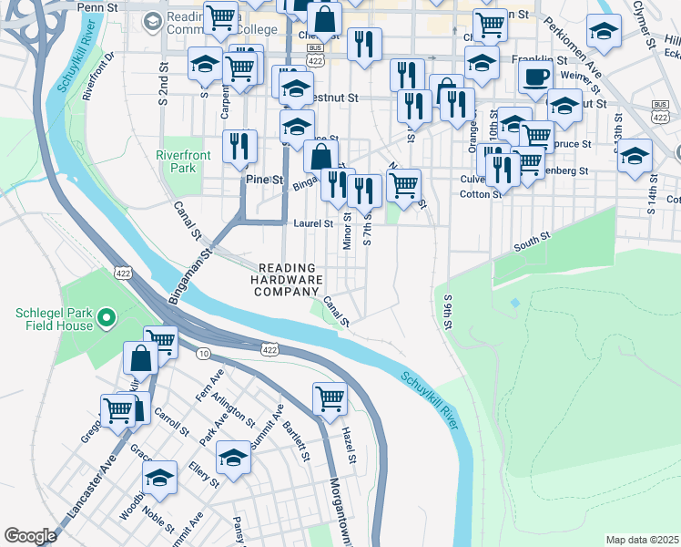 map of restaurants, bars, coffee shops, grocery stores, and more near 616 Willow St in Reading