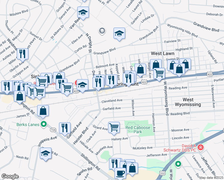 map of restaurants, bars, coffee shops, grocery stores, and more near 2738 Penn Avenue in West Lawn