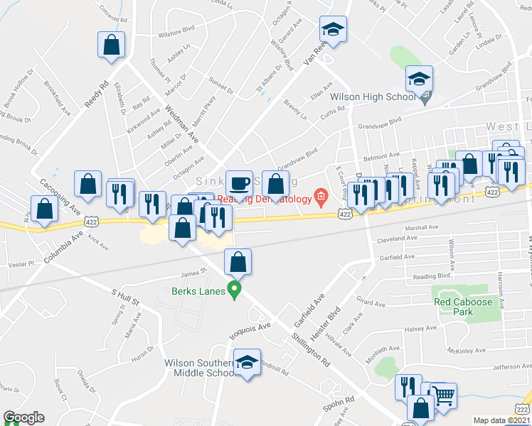 map of restaurants, bars, coffee shops, grocery stores, and more near 3413 Penn Avenue in Sinking Spring
