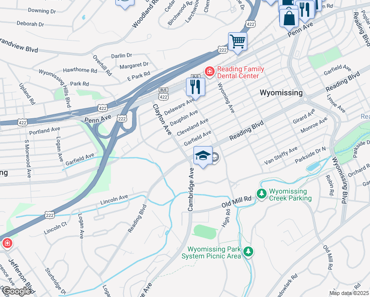 map of restaurants, bars, coffee shops, grocery stores, and more near 1666 Garfield Avenue in Wyomissing
