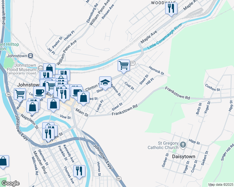 map of restaurants, bars, coffee shops, grocery stores, and more near 122 Hudson Street in Johnstown