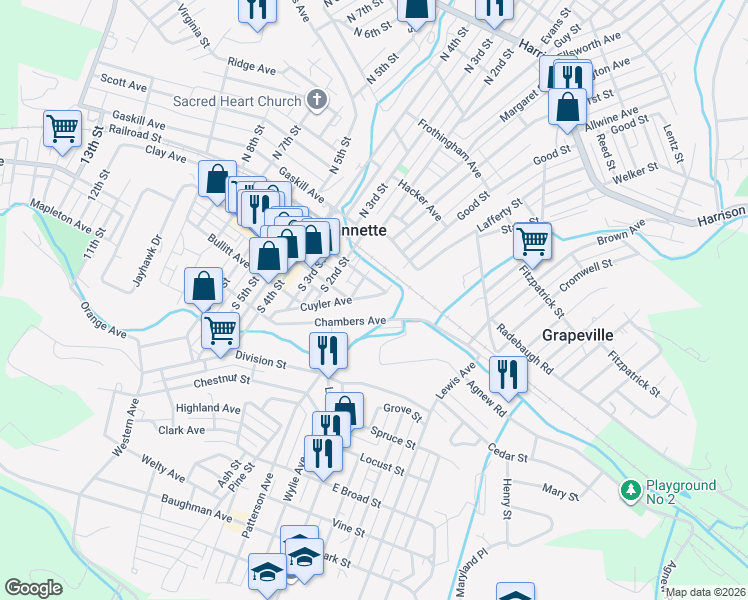 map of restaurants, bars, coffee shops, grocery stores, and more near 2 Cuyler Avenue in Jeannette