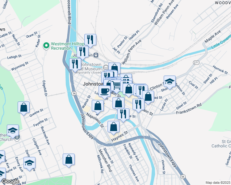 map of restaurants, bars, coffee shops, grocery stores, and more near 417 Main Street in Johnstown