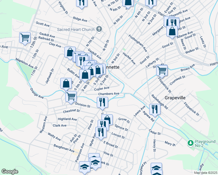 map of restaurants, bars, coffee shops, grocery stores, and more near 199 South 1st Street in Jeannette