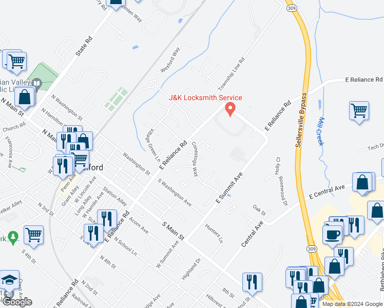 map of restaurants, bars, coffee shops, grocery stores, and more near Reliance Circle in Telford