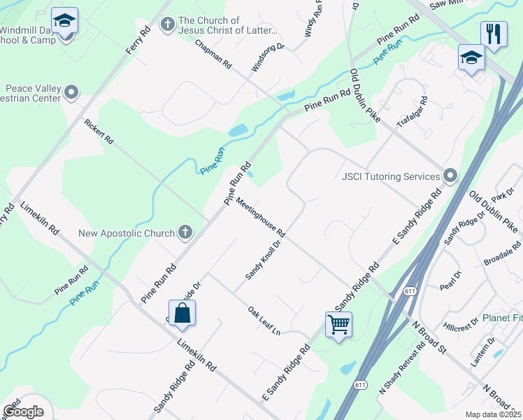 map of restaurants, bars, coffee shops, grocery stores, and more near 157 Meetinghouse Road in Doylestown