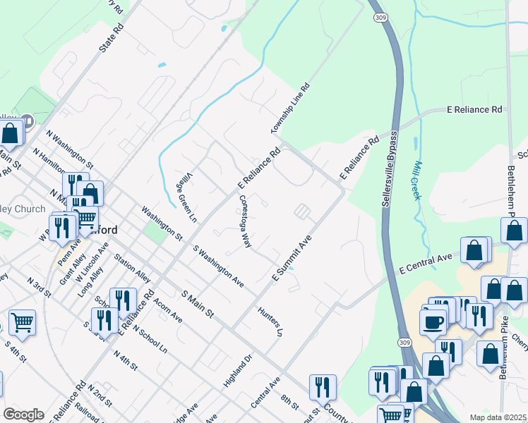 map of restaurants, bars, coffee shops, grocery stores, and more near 52 Reliance Court in Telford