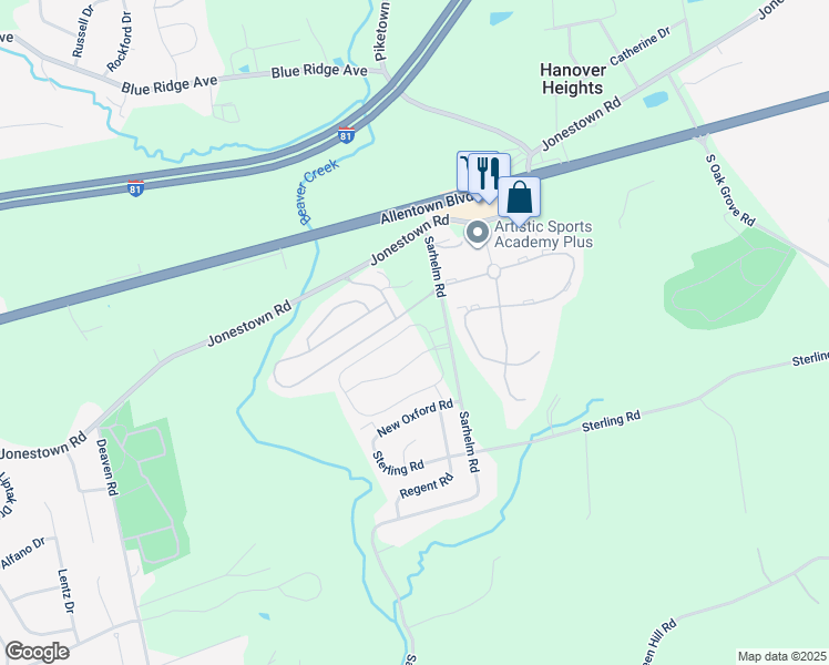 map of restaurants, bars, coffee shops, grocery stores, and more near 6979 Ella Circle in Harrisburg