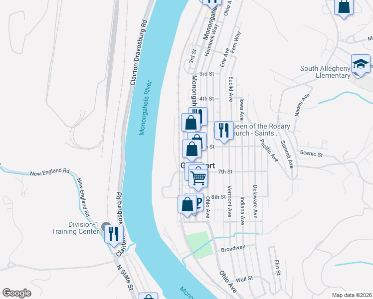 map of restaurants, bars, coffee shops, grocery stores, and more near 544 Monongahela Avenue in Glassport