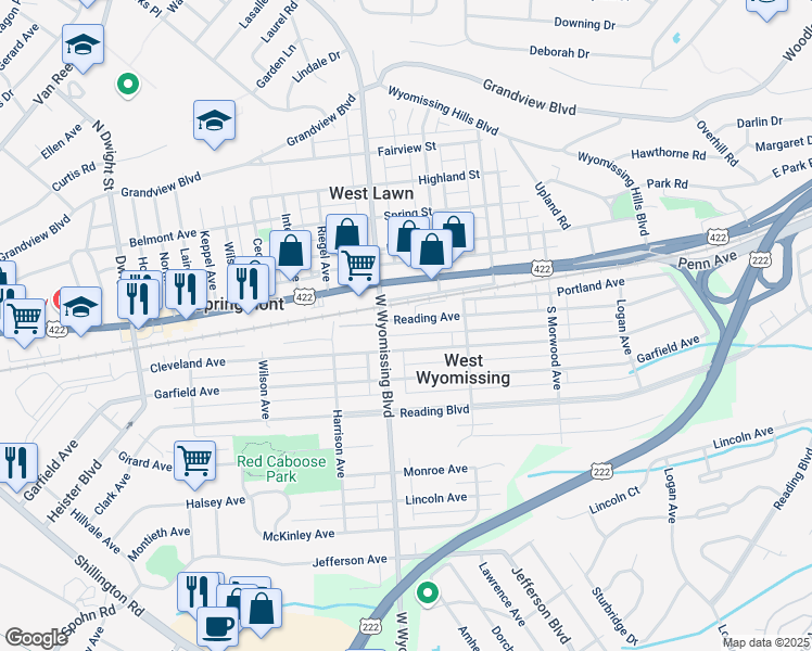 map of restaurants, bars, coffee shops, grocery stores, and more near 2258 Reading Avenue in West Lawn